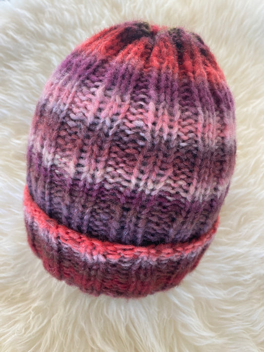 Wool Hand Knit self striping beanie