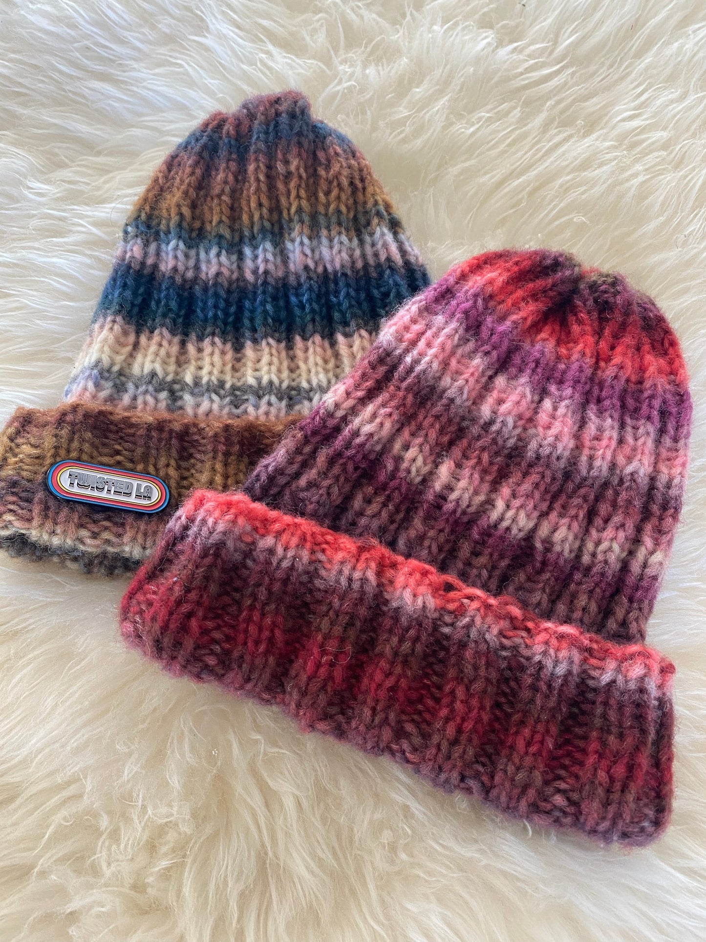 Wool Hand Knit self striping beanie